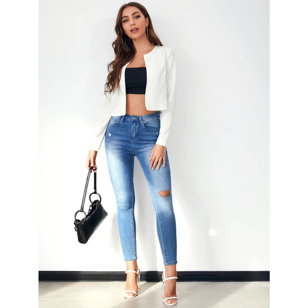 Business casual minimalist white Open Front Solid Crop Blazer - Picture 4 of 8